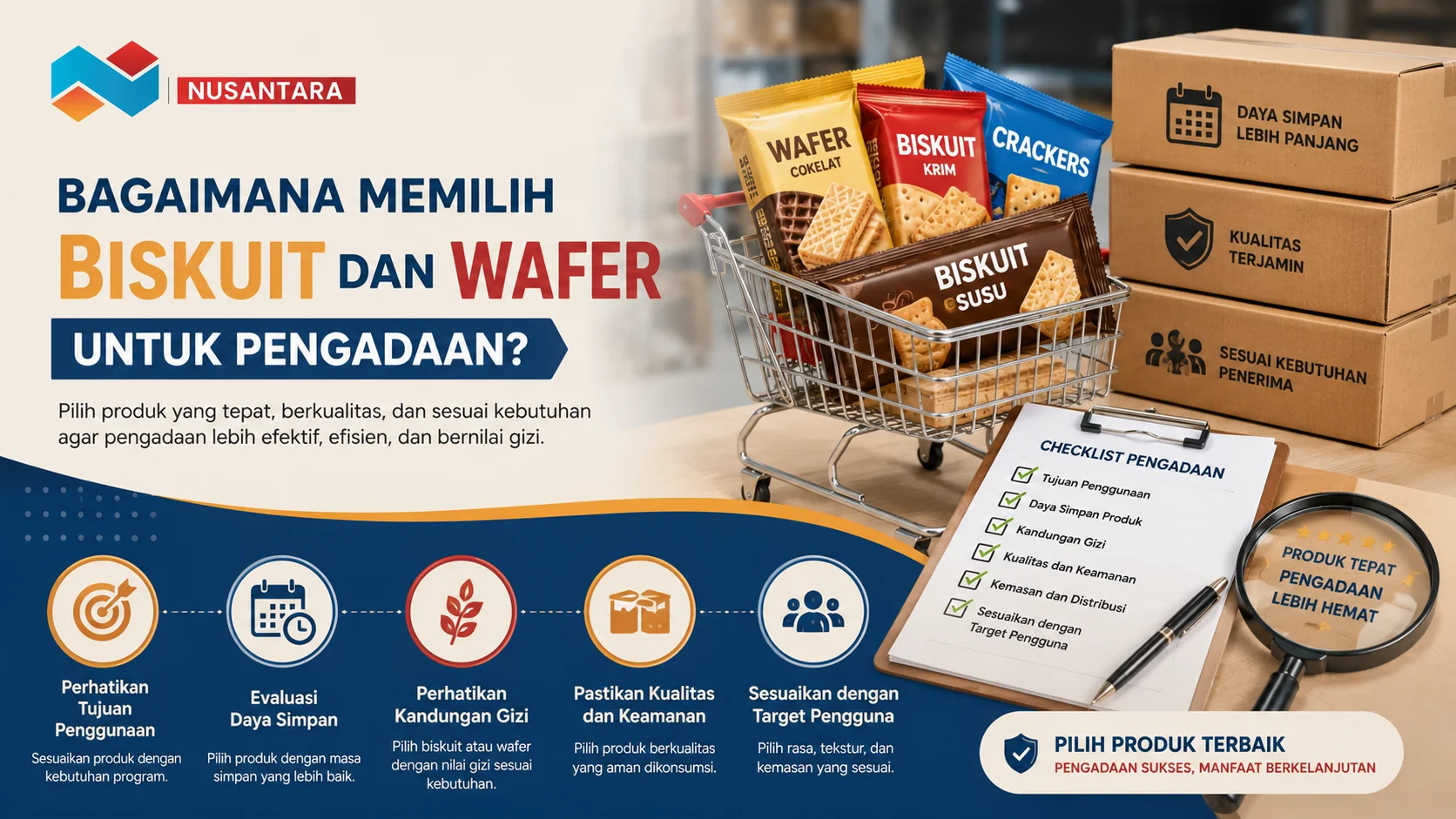 Infografis panduan memilih biskuit dan wafer untuk pengadaan berdasarkan kualitas, kandungan gizi, dan daya simpan produk.