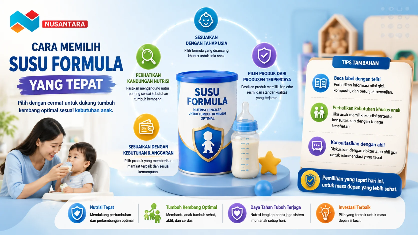 Ilustrasi orang tua memilih susu formula dengan memperhatikan usia, kandungan nutrisi, kualitas produk, dan kebutuhan anak untuk mendukung tumbuh kembang yang optimal.