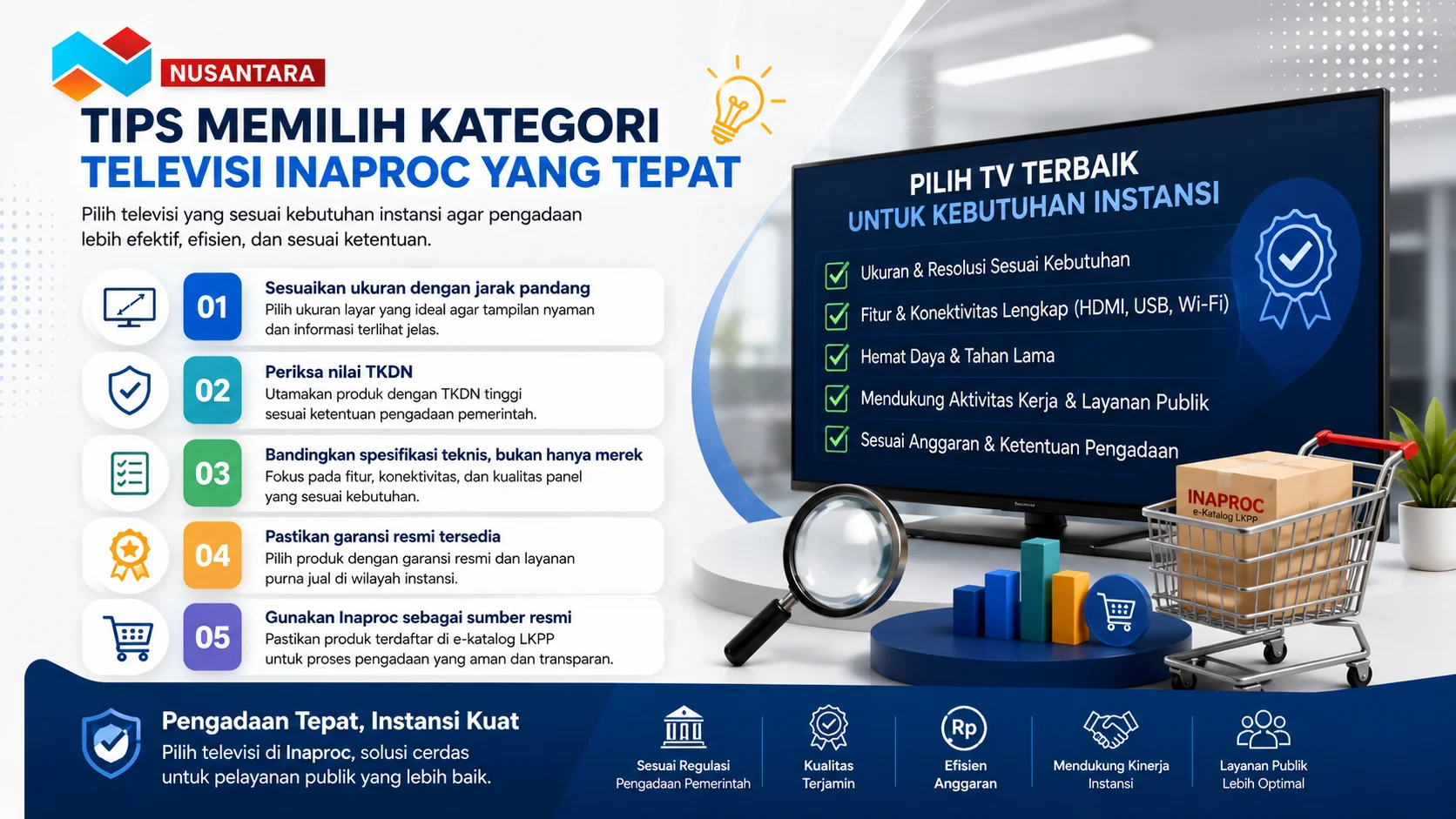 Banner tips memilih kategori televisi Inaproc yang tepat, menampilkan panduan pemilihan TV berdasarkan ukuran, spesifikasi, TKDN, dan kebutuhan instansi pemerintah.