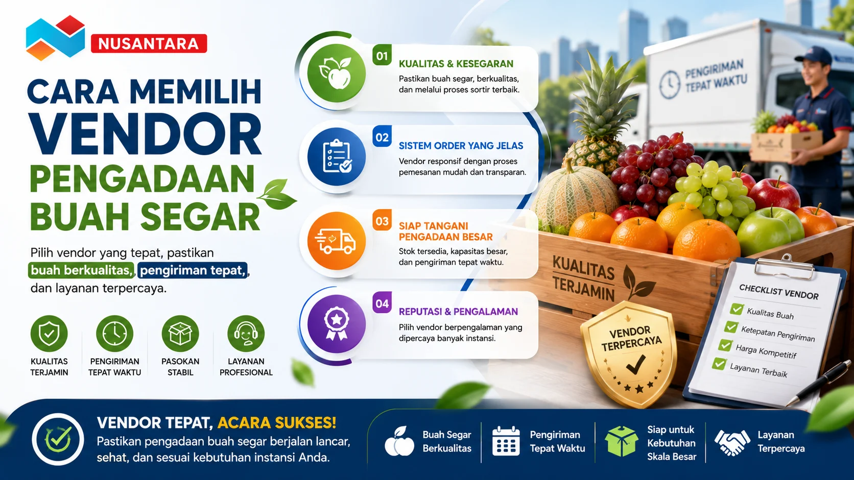 Proses pemilihan vendor pengadaan buah segar dengan buah berkualitas, sistem pemesanan yang jelas, dan distribusi tepat waktu untuk kebutuhan acara instansi.