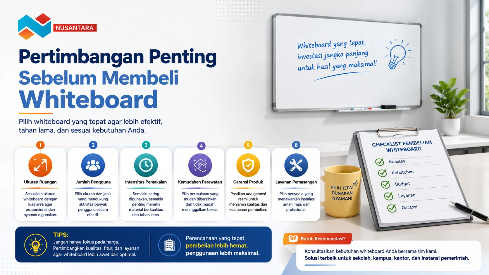 Ilustrasi panduan memilih papan tulis whiteboard yang menampilkan checklist pembelian, faktor penting seperti ukuran, kualitas material, garansi, dan perawatan untuk membantu menentukan produk yang sesuai kebutuhan.