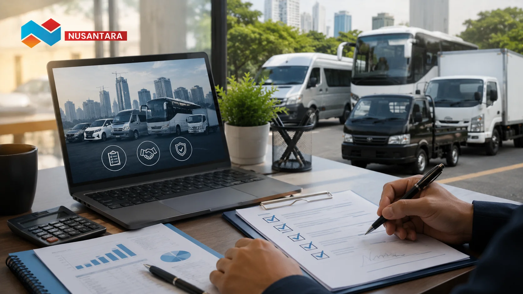 Ilustrasi proses pengadaan jasa sewa transportasi yang menampilkan perencanaan, evaluasi kebutuhan, dan pemilihan armada transportasi melalui sistem digital untuk mendukung operasional yang efisien.