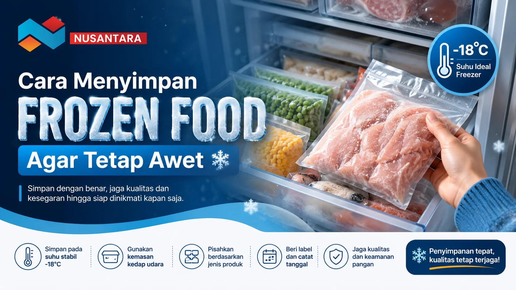 Ilustrasi penyimpanan frozen food di dalam freezer dengan kemasan kedap udara, label produk, dan suhu ideal -18°C untuk menjaga kualitas makanan beku tetap awet.