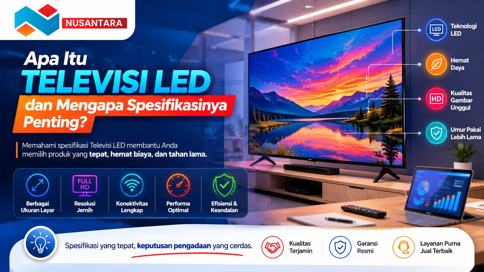 Banner ilustrasi televisi LED modern dengan tampilan gambar berkualitas tinggi, ikon spesifikasi teknologi, sebagai visual edukasi tentang pentingnya memahami spesifikasi TV LED.