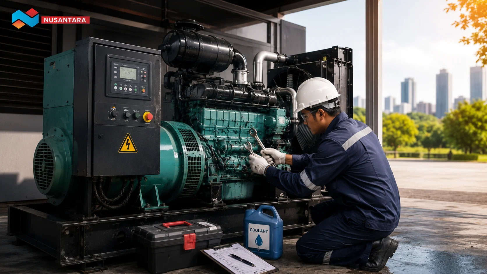 Teknisi melakukan perawatan rutin pada genset industri untuk menjaga performa mesin, sistem pendingin, dan keandalan pasokan listrik.