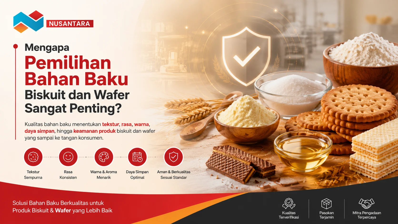 Gambar bahan baku biskuit dan wafer berkualitas seperti tepung, gula, dan minyak nabati untuk mendukung produksi makanan yang aman dan berkualitas.