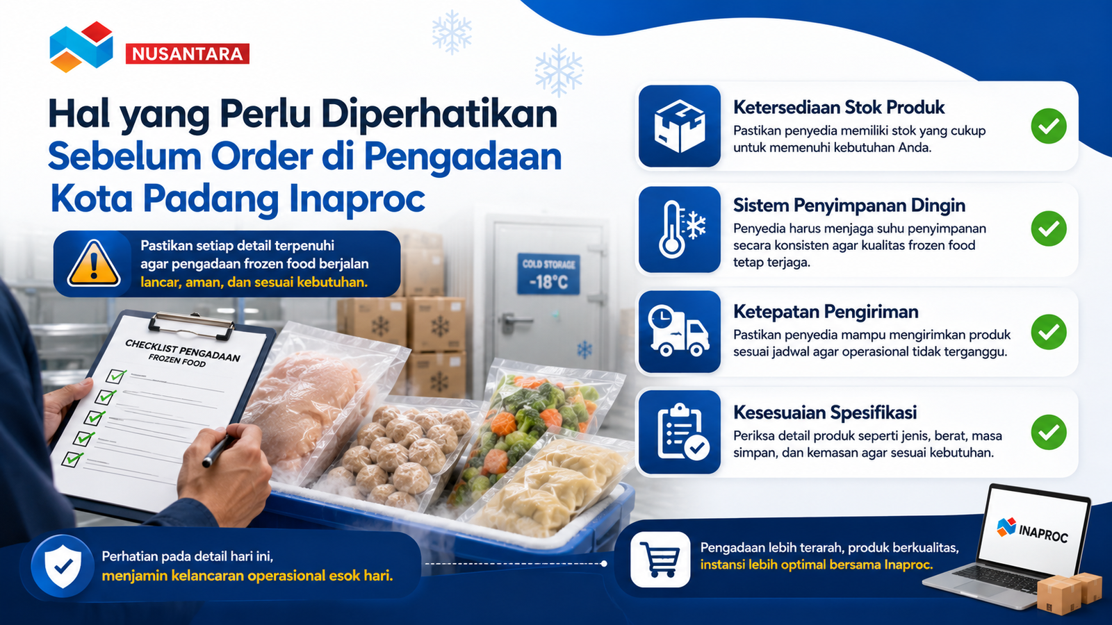 Banner checklist pengadaan frozen food Kota Padang melalui Inaproc yang menampilkan pemeriksaan stok, sistem penyimpanan dingin, ketepatan pengiriman, dan kesesuaian spesifikasi produk sebelum melakukan pemesanan.