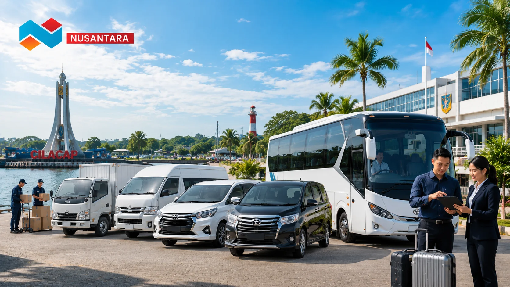 Ilustrasi layanan jasa sewa transportasi dengan berbagai jenis armada yang mendukung mobilitas penumpang dan distribusi logistik untuk kebutuhan operasional di Kabupaten Cilacap.
