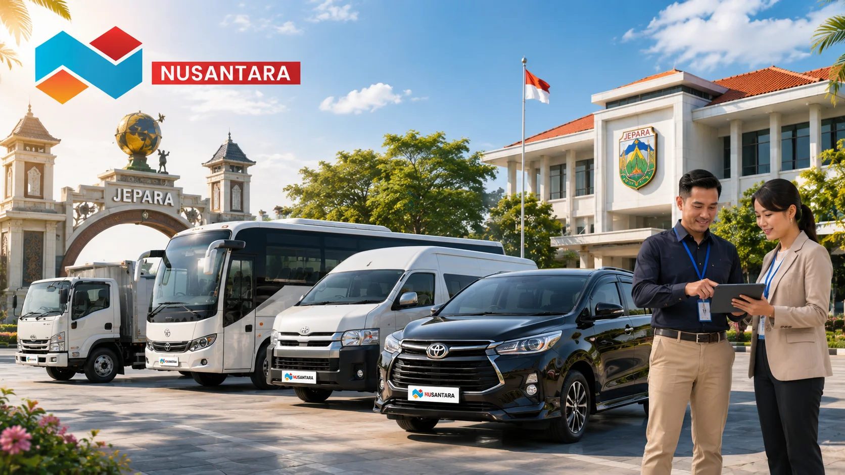 Ilustrasi pengadaan jasa sewa transportasi di Kabupaten Jepara dengan berbagai armada kendaraan dan proses koordinasi profesional untuk mendukung kebutuhan operasional instansi.