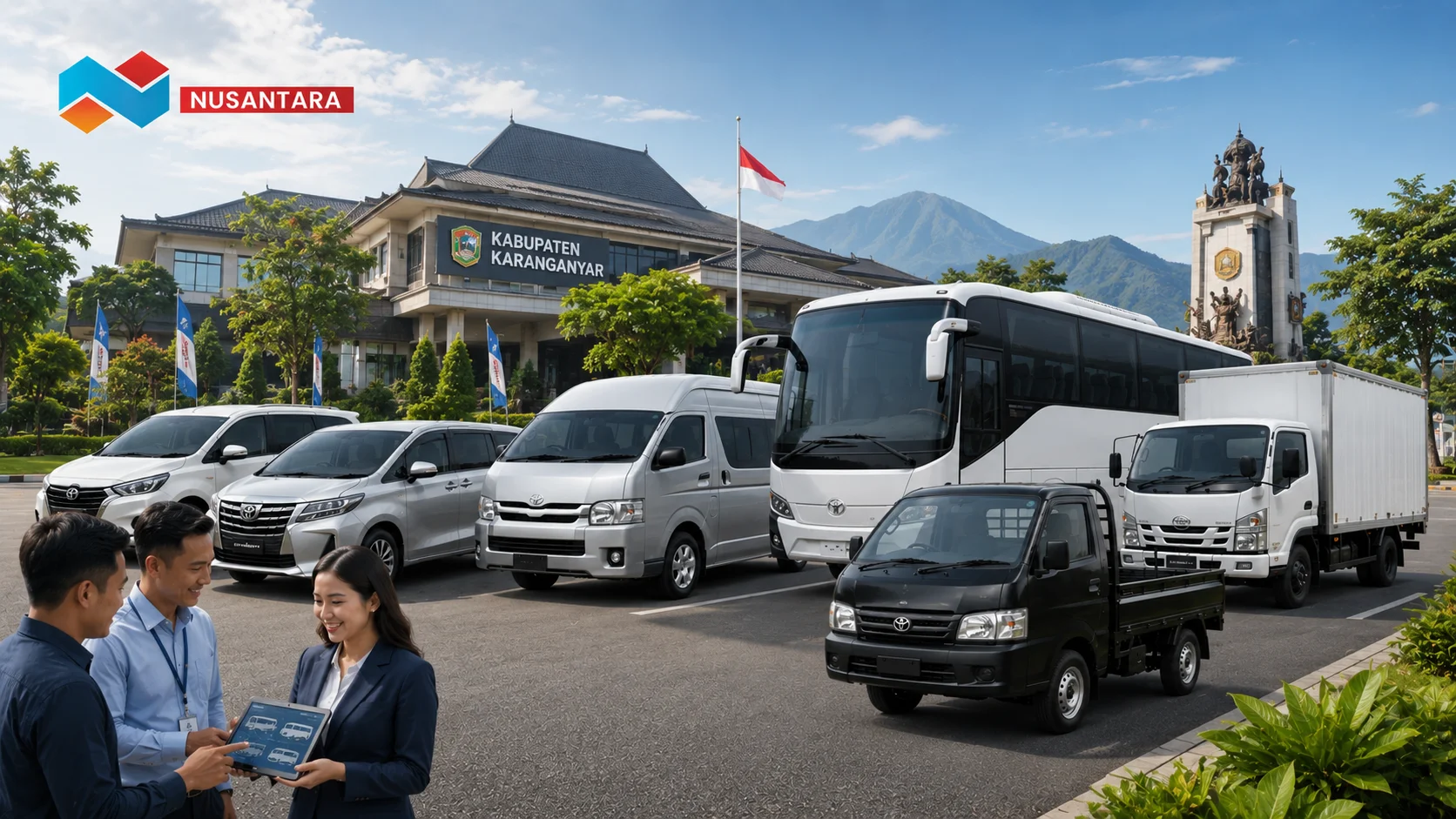 Ilustrasi pengadaan jasa sewa transportasi yang menampilkan berbagai armada kendaraan dan proses koordinasi layanan untuk mendukung kebutuhan mobilitas operasional secara efisien.