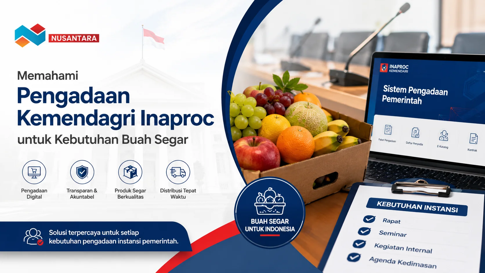 Banner pengadaan Kemendagri Inaproc untuk kebutuhan buah segar, menampilkan laptop dengan sistem pengadaan digital pemerintah, paket buah segar berkualitas.