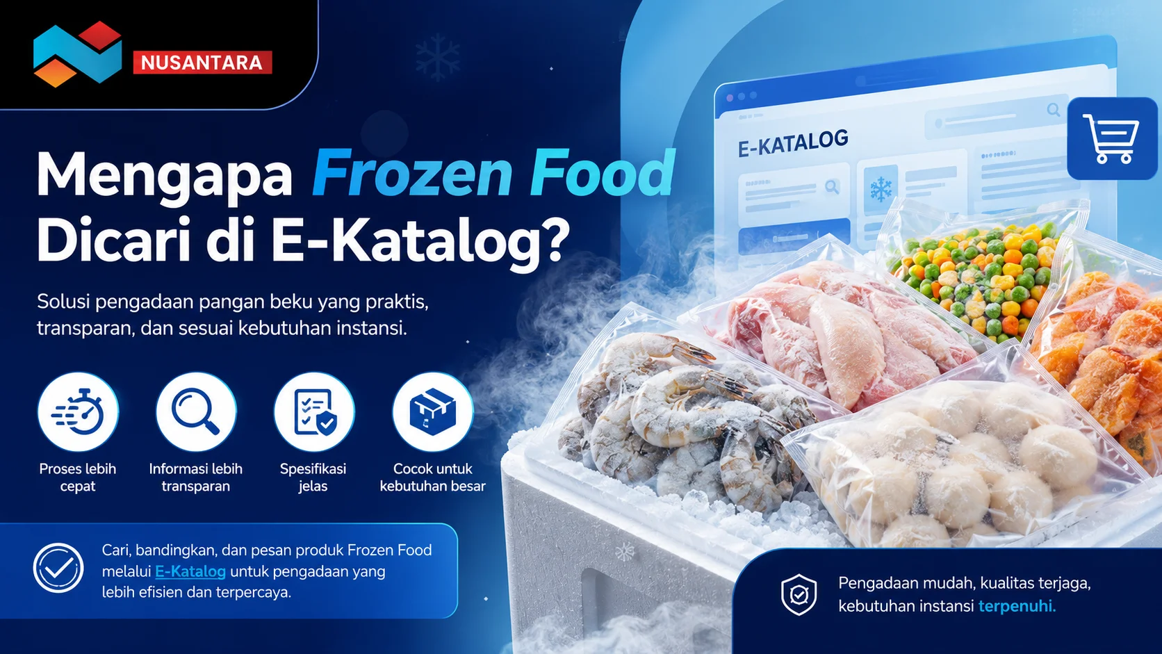 Banner bertema pengadaan frozen food di E-Katalog dengan ilustrasi produk makanan beku, tampilan platform digital.