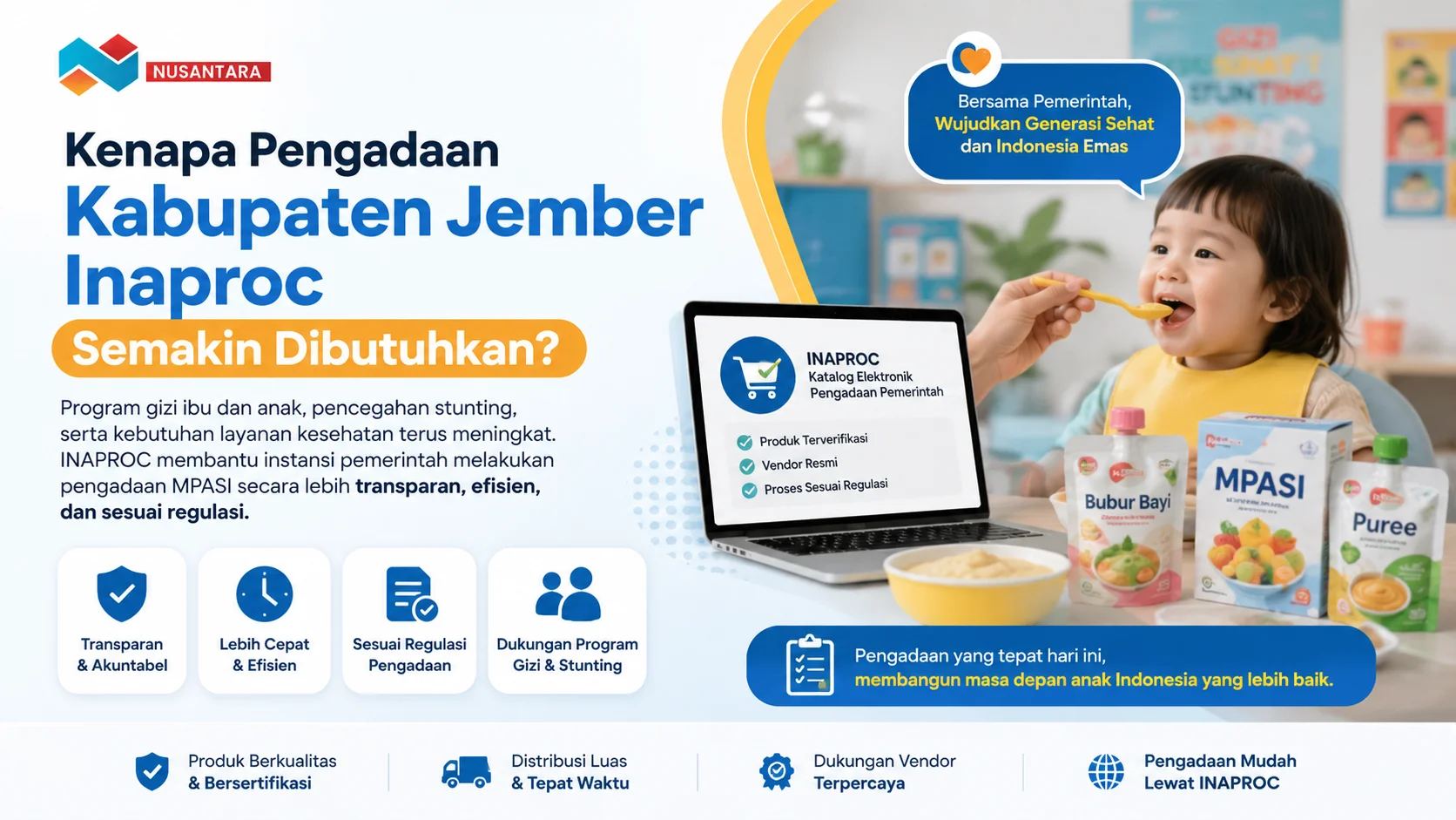Banner ilustrasi pengadaan MPASI Kabupaten Jember melalui INAPROC yang menampilkan proses pengadaan digital, produk MPASI bersertifikasi, serta dukungan program gizi ibu dan anak untuk pencegahan stunting.