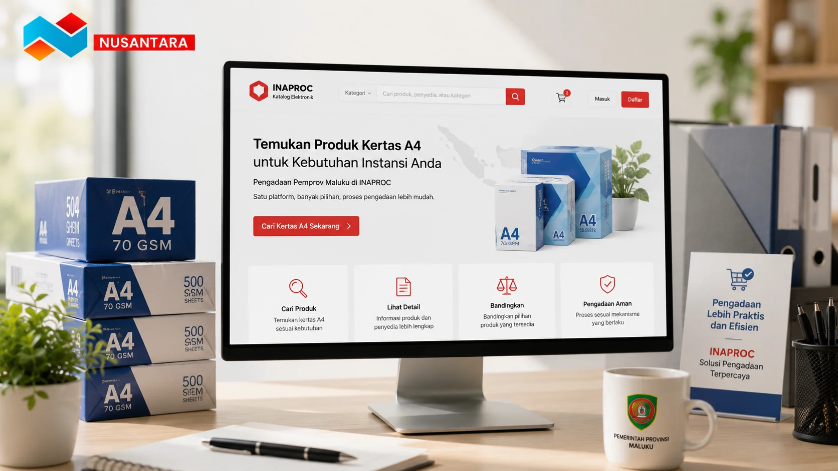 Ilustrasi pencarian produk kertas A4 melalui platform INAPROC untuk mendukung proses Pengadaan Pemprov Maluku.