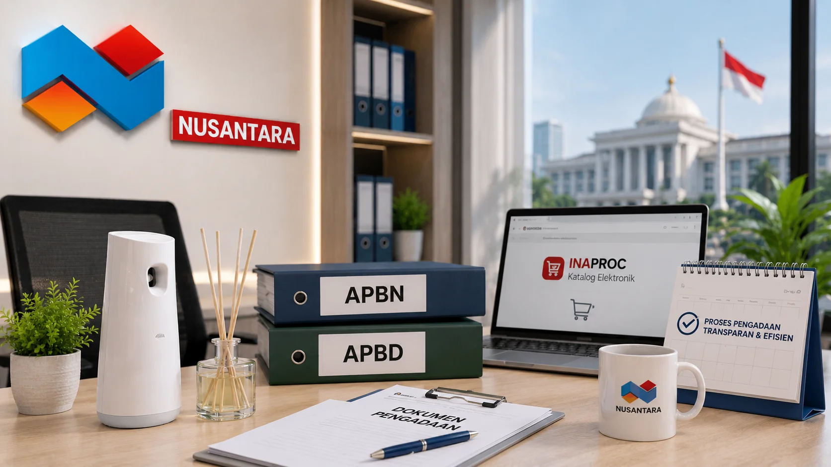 Ilustrasi proses pengadaan pemerintah melalui INAPROC dengan dukungan APBN dan APBD, menampilkan dokumen pengadaan, perangkat kerja, serta produk pengharum ruangan dalam lingkungan kantor yang profesional.