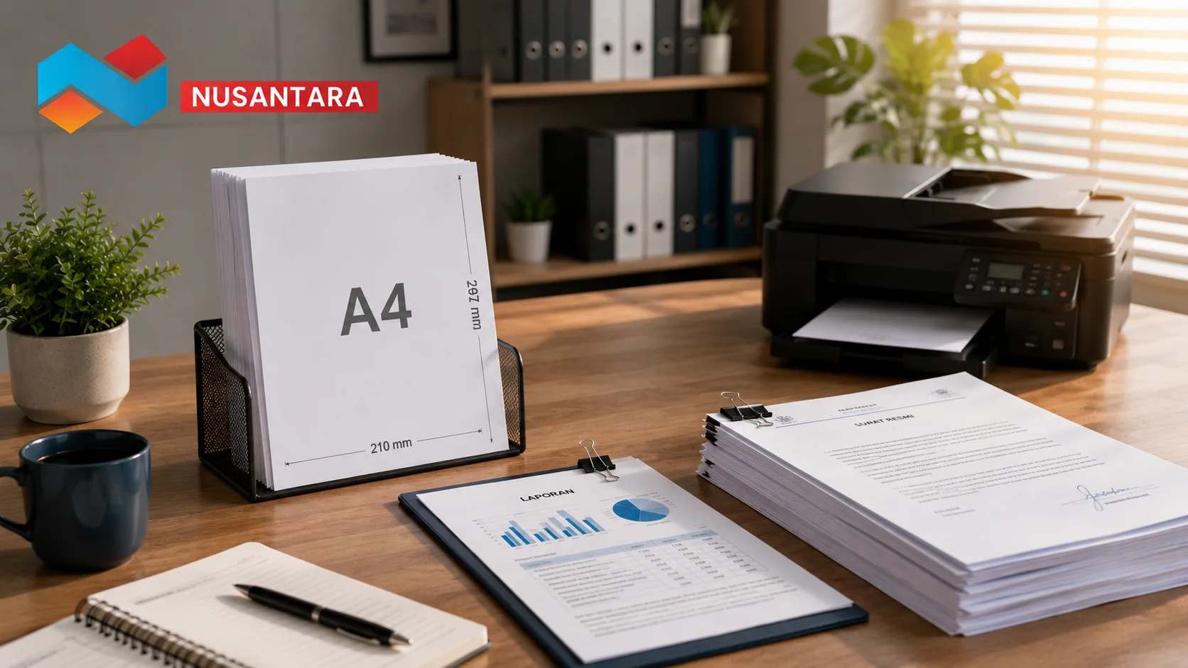 Ilustrasi penggunaan kertas A4 di lingkungan kantor modern dengan dokumen administrasi, printer, dan perlengkapan kerja yang tertata rapi.