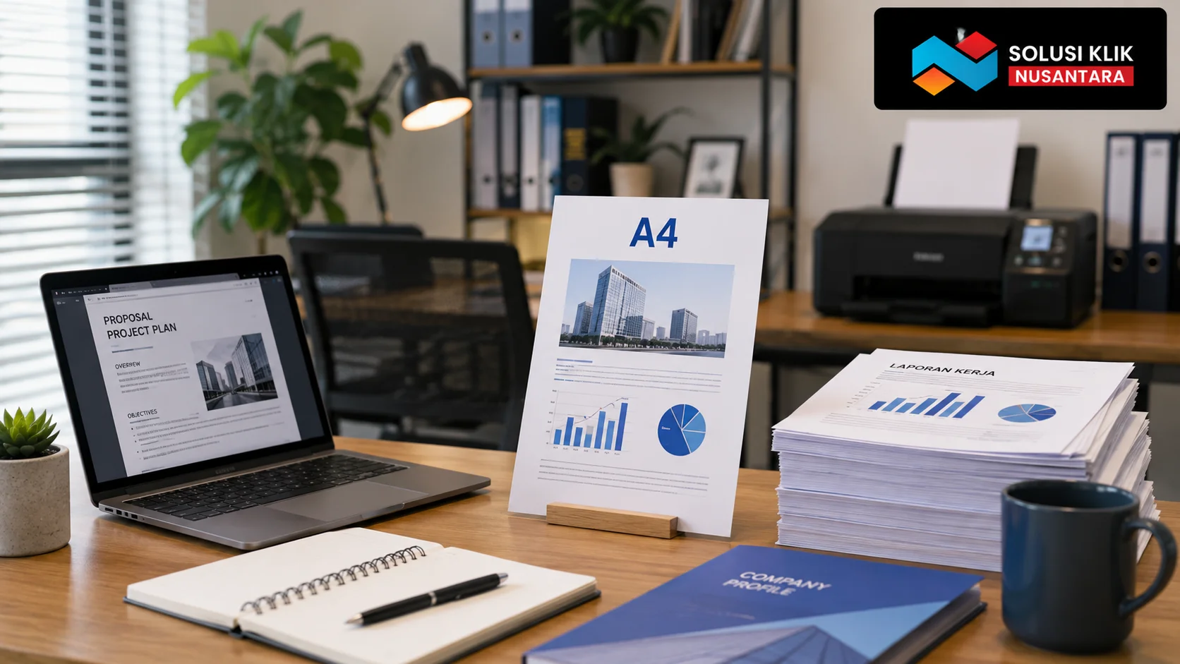Ilustrasi penggunaan kertas A4 untuk dokumen kerja di meja kantor modern dengan laptop, printer, laporan.