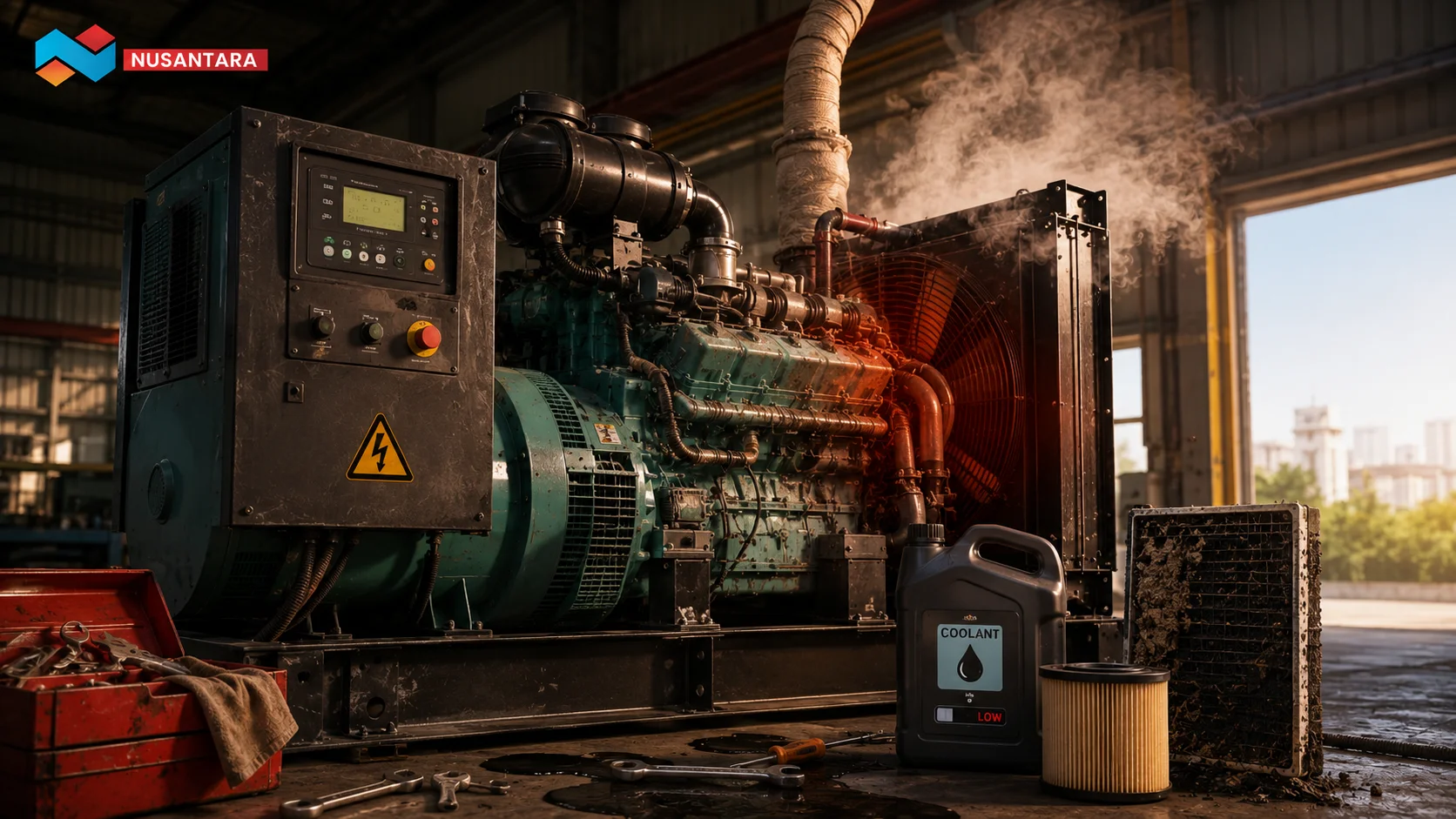 Genset industri dengan radiator kotor, coolant rendah, dan suhu mesin meningkat yang menggambarkan penyebab umum terjadinya overheat pada generator set.