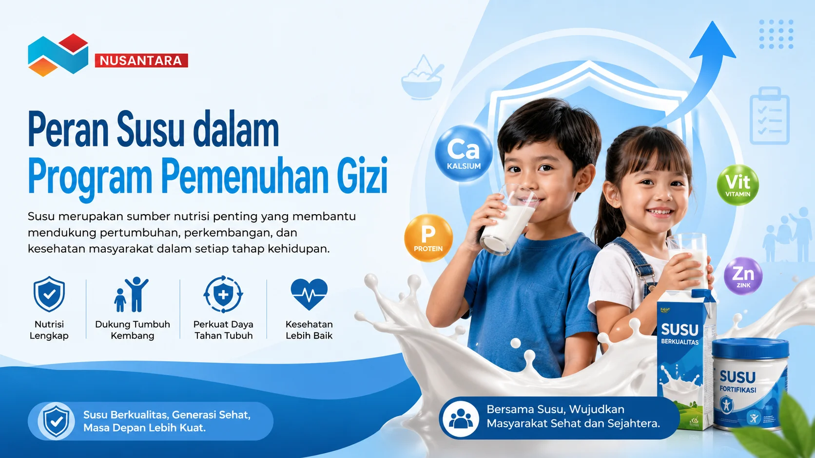 Ilustrasi dua anak meminum susu dengan latar elemen nutrisi dan kesehatan, menggambarkan peran susu dalam mendukung program pemenuhan gizi masyarakat.