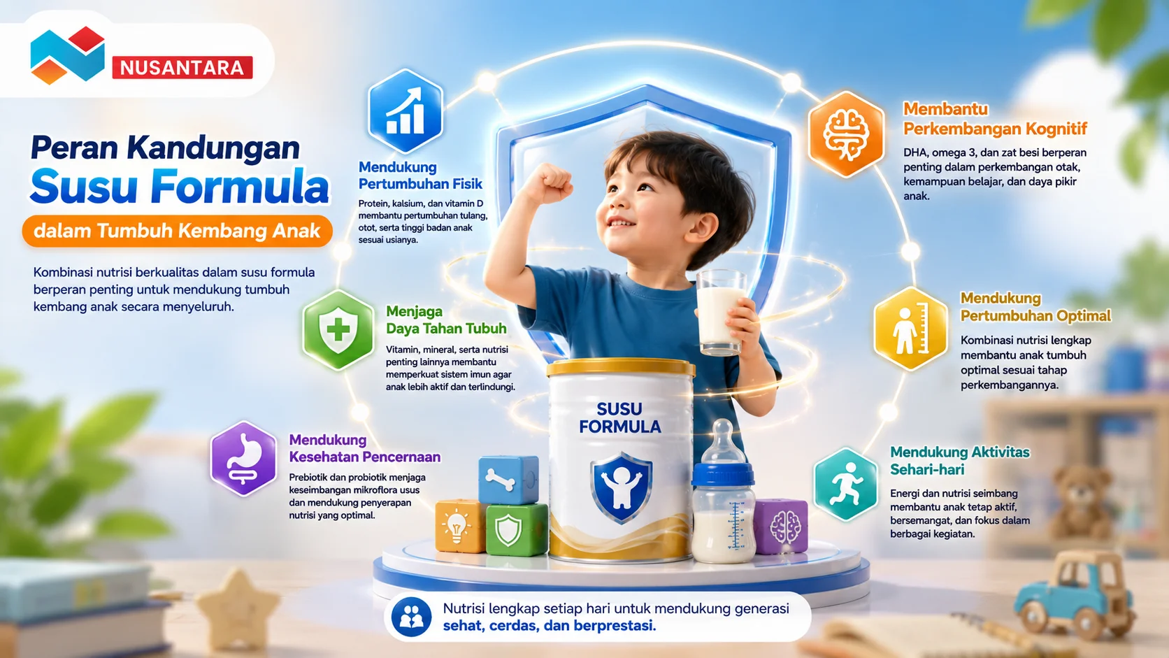 Ilustrasi anak meminum susu formula dengan ikon nutrisi yang menggambarkan manfaat protein, DHA, vitamin, mineral, dan prebiotik dalam mendukung tumbuh kembang anak secara menyeluruh.