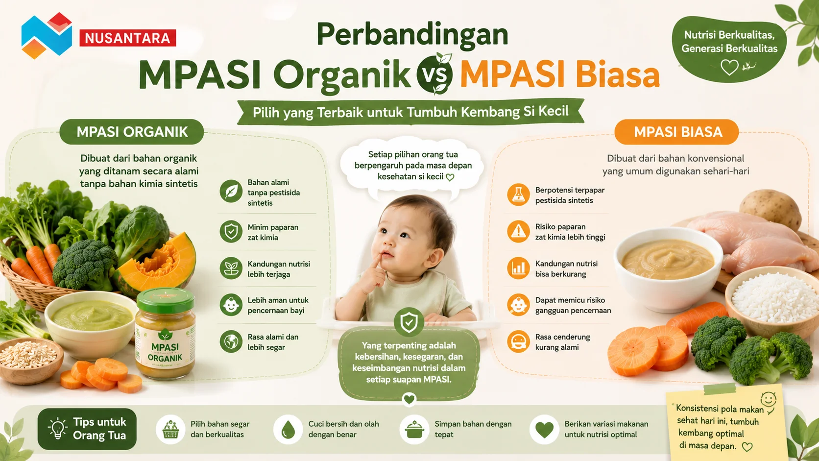 Infografis perbandingan MPASI organik dan MPASI biasa yang menampilkan perbedaan kualitas bahan, kandungan nutrisi, serta pilihan makanan bayi untuk mendukung tumbuh kembang optimal.