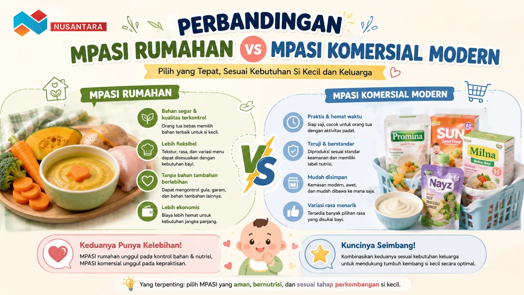 Infografis perbandingan MPASI rumahan dan MPASI komersial modern yang menampilkan kelebihan masing-masing pilihan, mulai dari kontrol bahan dan nutrisi hingga kepraktisan penyajian untuk kebutuhan bayi.