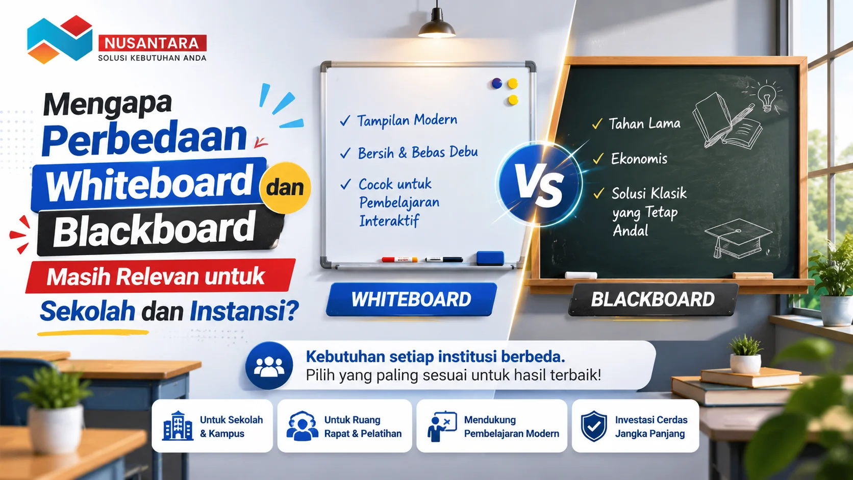 Perbandingan whiteboard dan blackboard dalam ruang kelas modern untuk membantu sekolah dan instansi memilih papan tulis yang sesuai dengan kebutuhan.