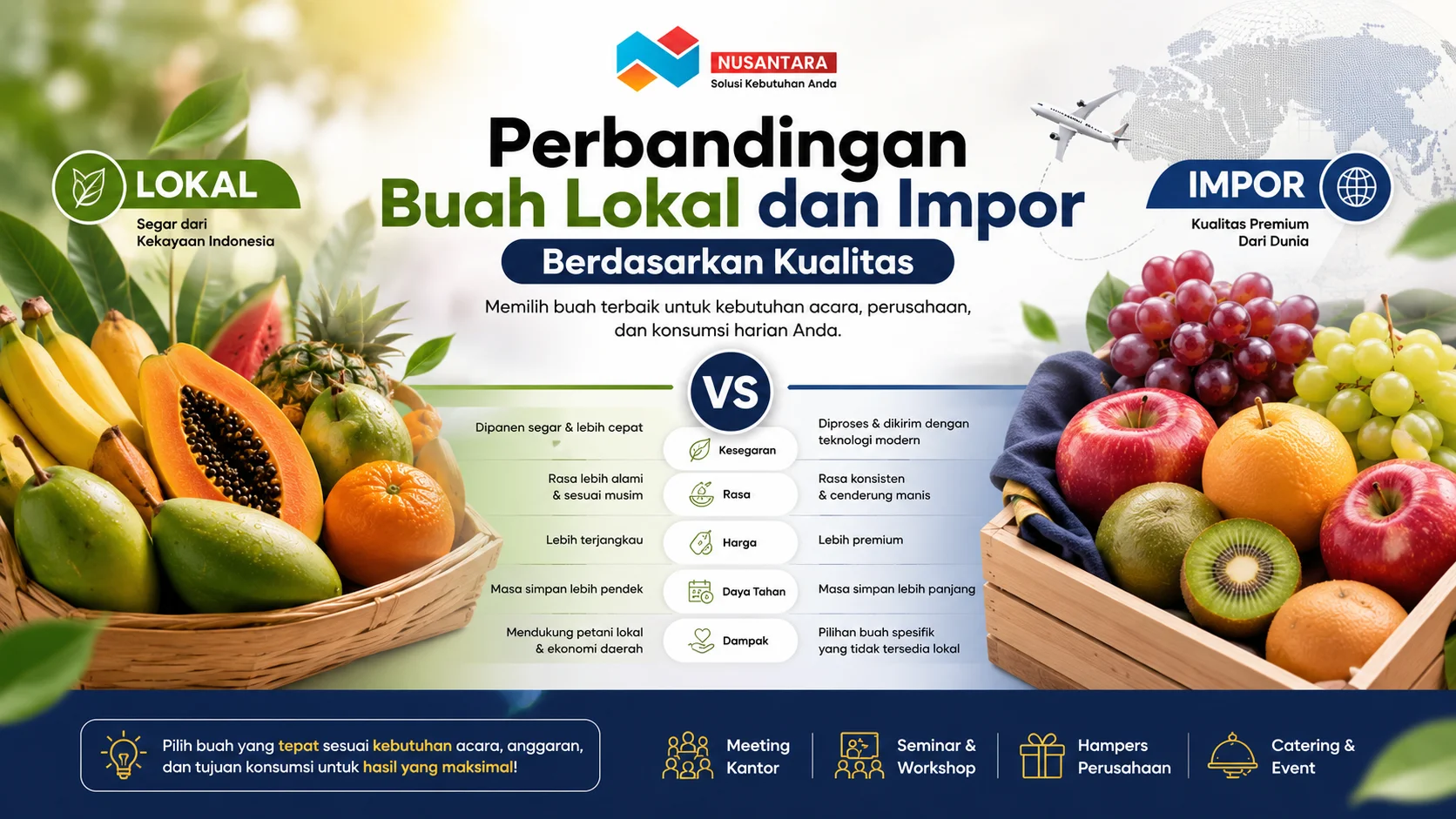 Banner perbandingan buah lokal dan impor berdasarkan kualitas, menampilkan aneka buah segar dalam dua kategori untuk membantu memilih buah terbaik sesuai kebutuhan acara dan perusahaan.