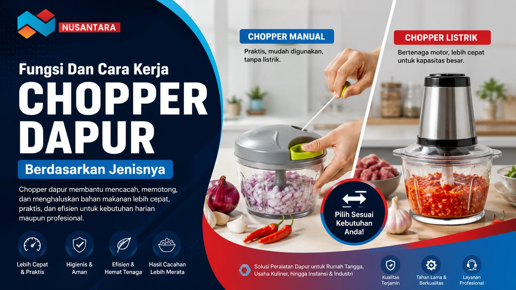 Perbandingan chopper dapur manual dan listrik untuk membantu proses mencacah serta menghaluskan bahan makanan secara praktis dan efisien.