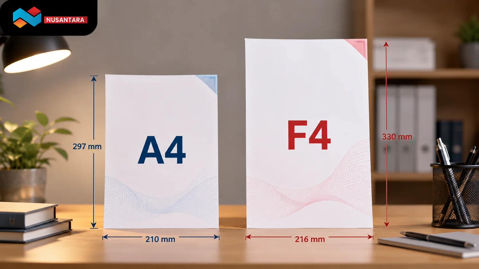 Perbandingan visual ukuran kertas A4 dan F4 yang menunjukkan perbedaan dimensi untuk kebutuhan administrasi dan pencetakan dokumen.
