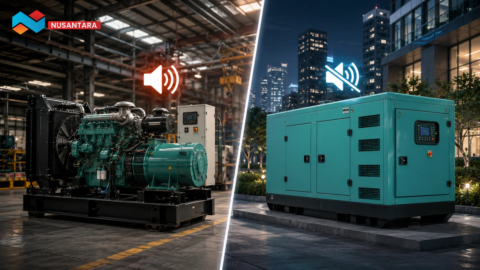 Ilustrasi perbandingan genset open dan genset silent berdasarkan desain, tingkat kebisingan, dan lingkungan penggunaannya.