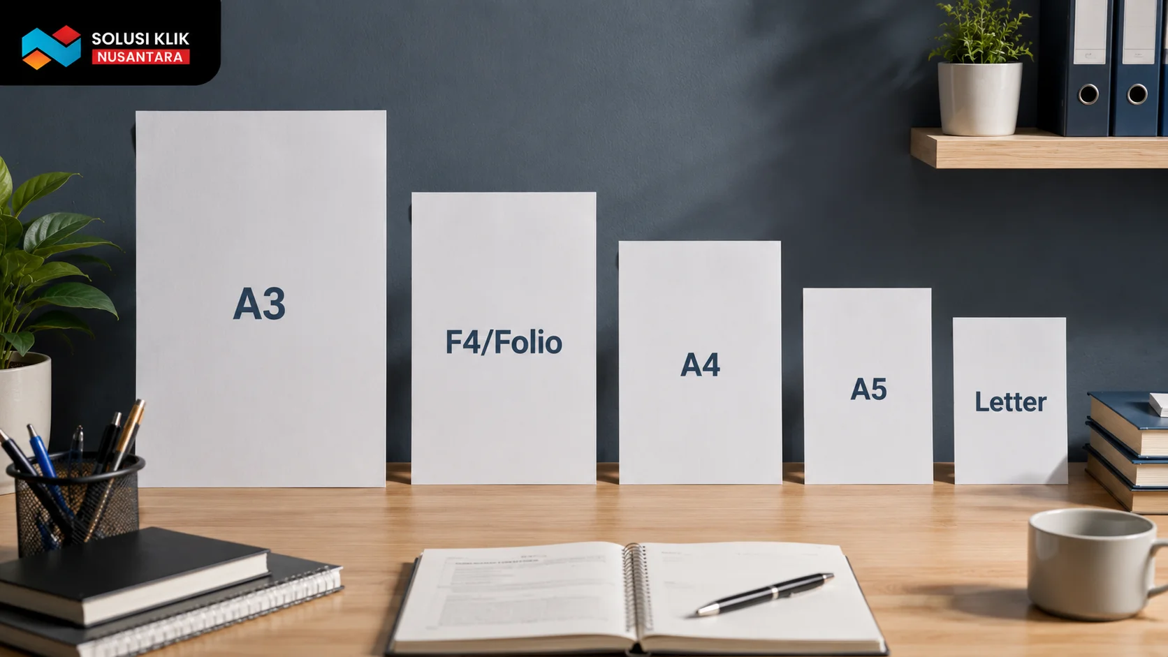 Ilustrasi perbandingan ukuran kertas A3, A4, A5, F4, dan Letter di atas meja kerja modern.
