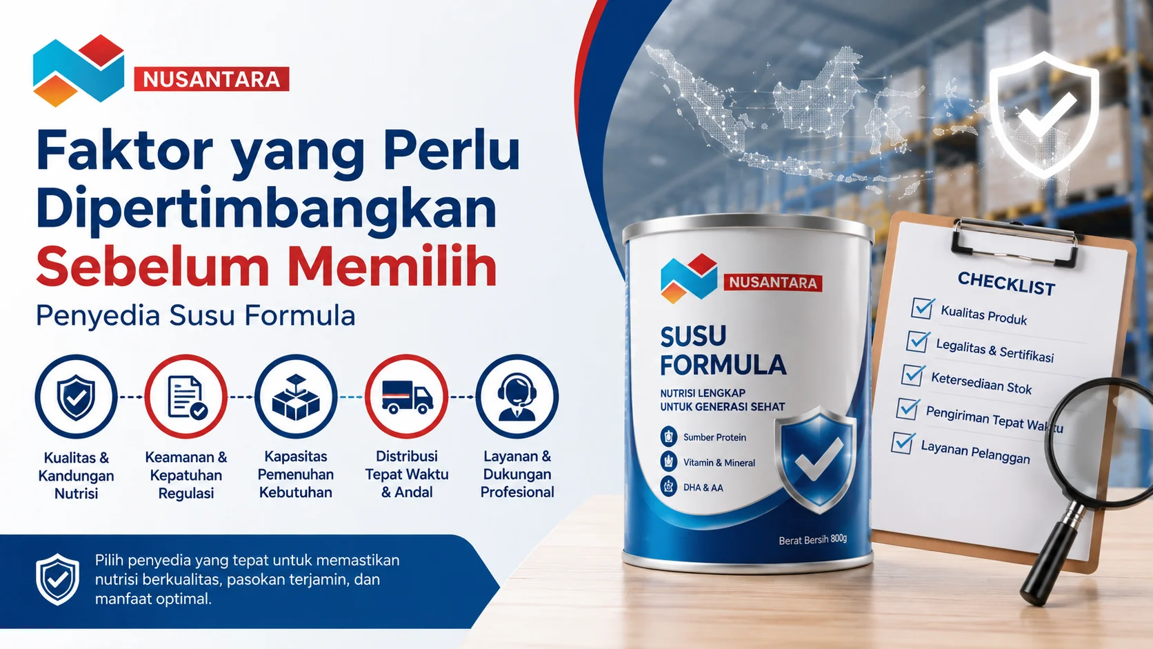 Ilustrasi proses memilih penyedia susu formula dengan mempertimbangkan kualitas produk, keamanan, kapasitas pasokan.
