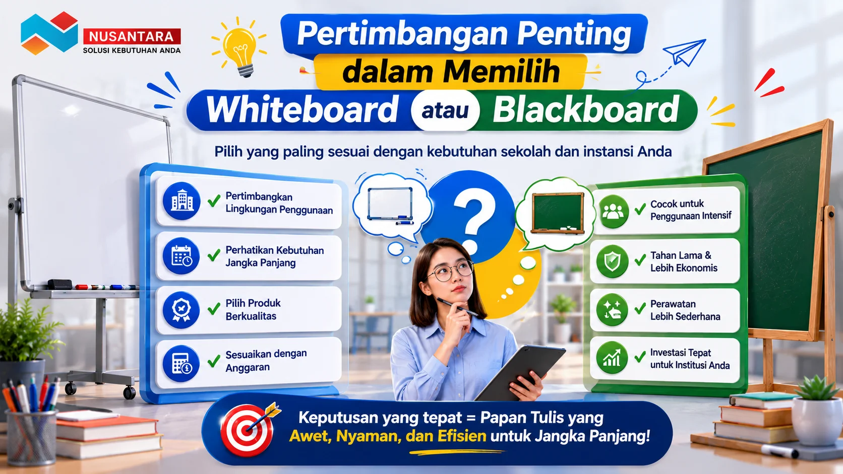 Ilustrasi pertimbangan memilih whiteboard atau blackboard berdasarkan kebutuhan penggunaan, anggaran, kualitas material, dan ketahanan untuk sekolah maupun instansi.