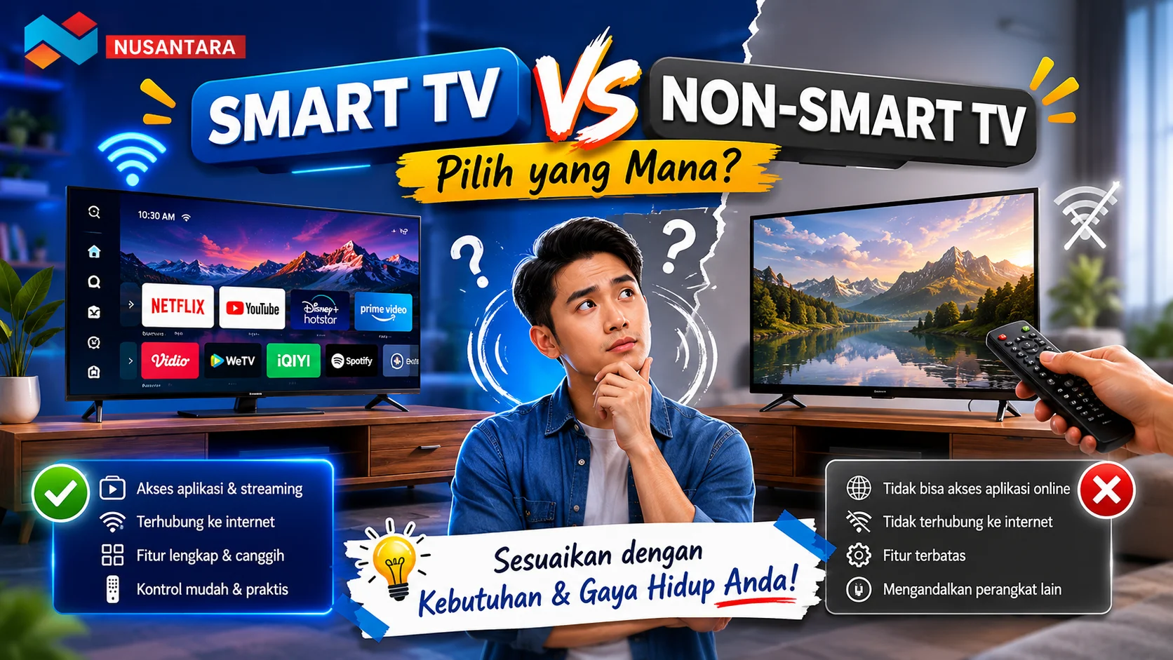 Banner perbandingan Smart TV dan Non-Smart TV yang menampilkan fitur konektivitas, aplikasi streaming, serta fungsi dasar televisi untuk membantu menentukan pilihan sesuai kebutuhan.