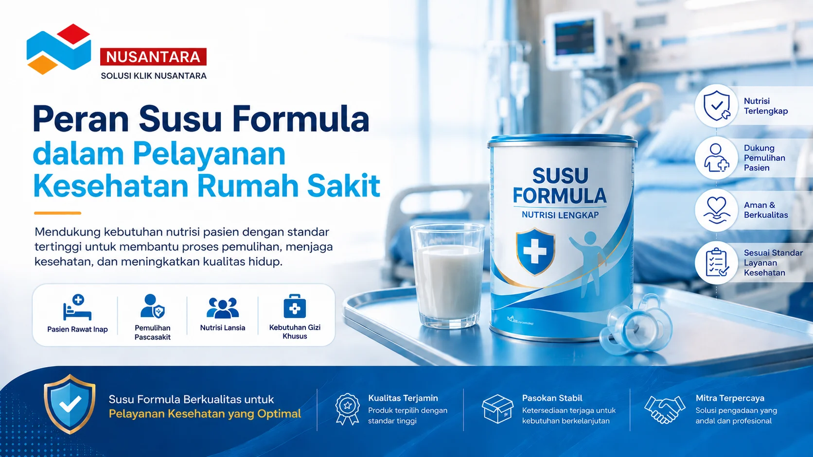 Banner ilustrasi peran susu formula dalam pelayanan kesehatan rumah sakit untuk mendukung kebutuhan nutrisi pasien selama perawatan.
