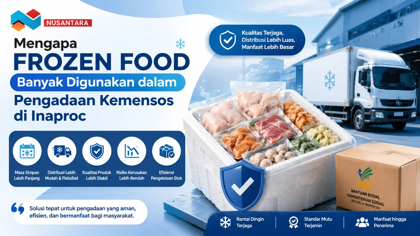 Banner ilustrasi distribusi frozen food untuk pengadaan Kemensos di Inaproc, menampilkan produk makanan beku, armada rantai dingin, dan elemen logistik yang mendukung kualitas serta efisiensi distribusi.