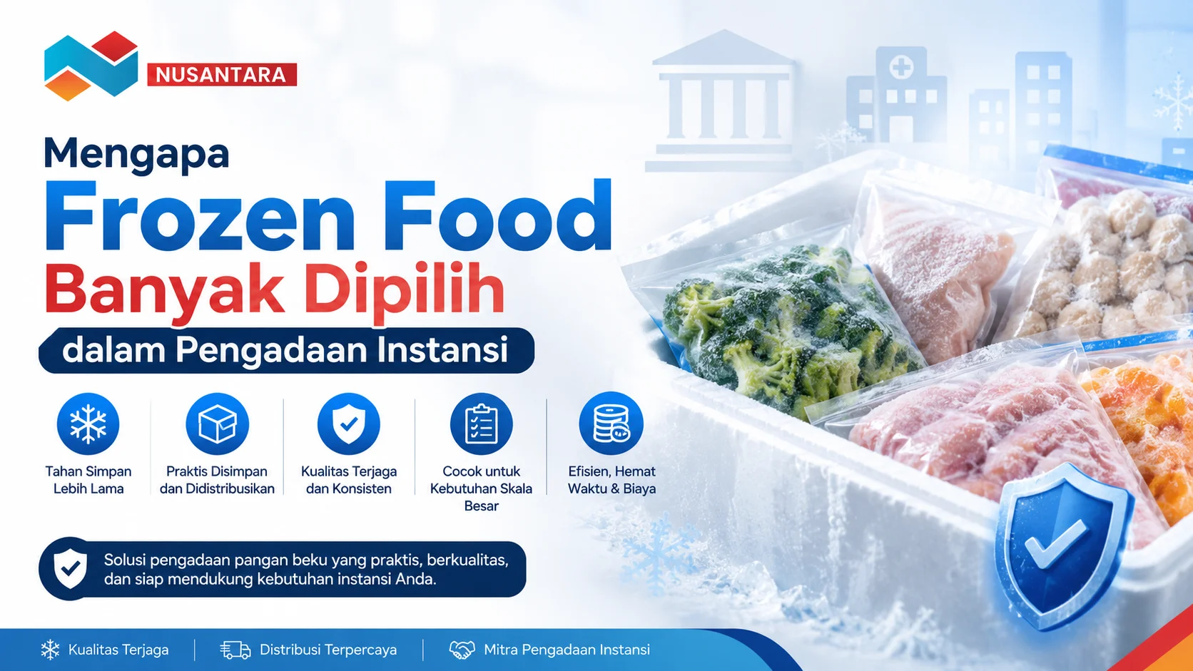 Ilustrasi frozen food dalam kemasan beku yang tersimpan rapi di dalam box pendingin, menampilkan manfaat produk pangan beku untuk kebutuhan pengadaan instansi dengan distribusi yang efisien dan kualitas terjaga.