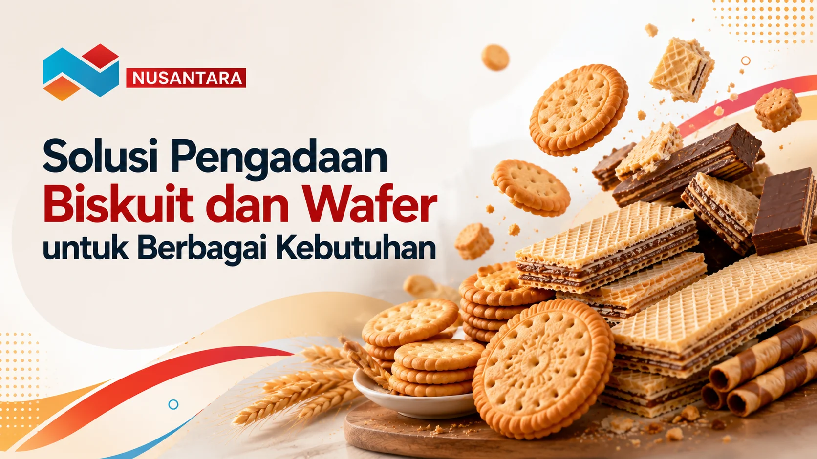 Gambar aneka biskuit dan wafer berkualitas untuk mendukung kebutuhan pengadaan makanan bagi instansi, perusahaan, dan berbagai program distribusi.