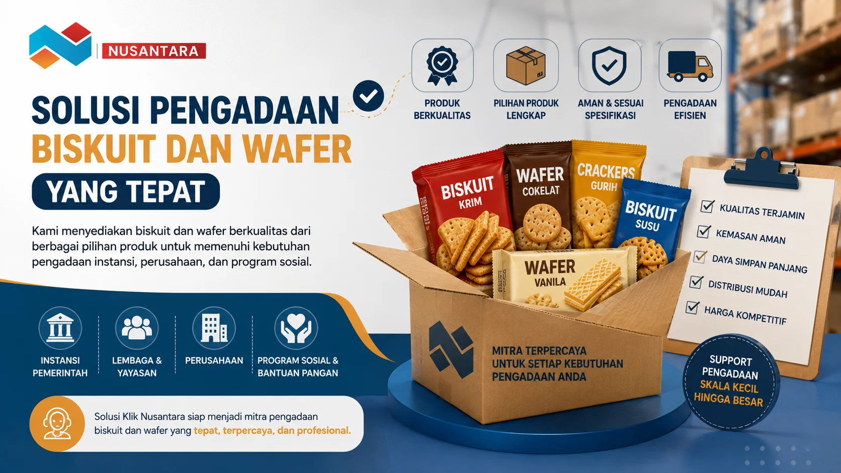 Infografis solusi pengadaan biskuit dan wafer berkualitas untuk memenuhi kebutuhan instansi, perusahaan, dan program bantuan pangan.