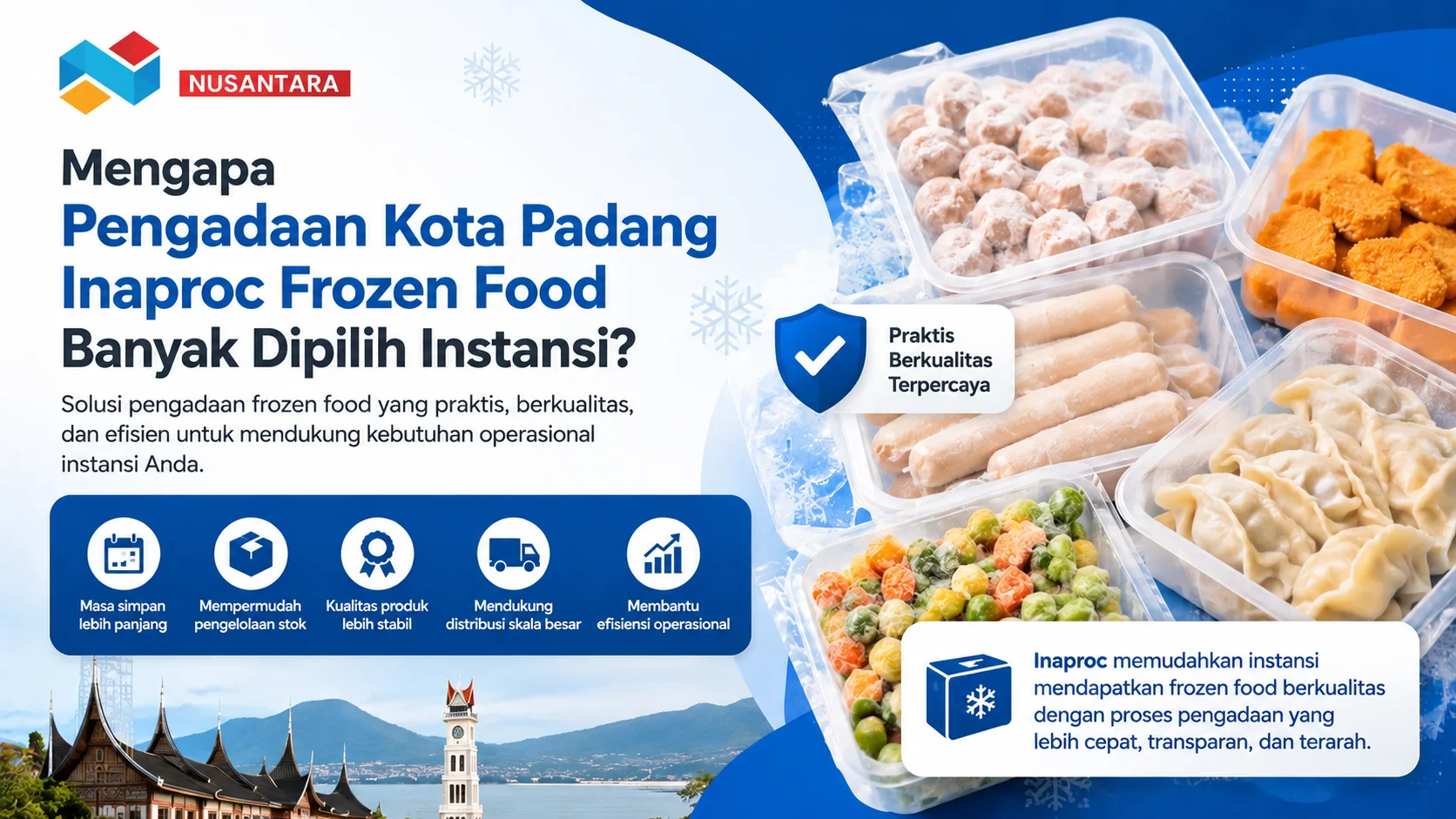 Banner pengadaan frozen food Kota Padang melalui Inaproc dengan tampilan berbagai produk frozen food, ikon keunggulan pengadaan.