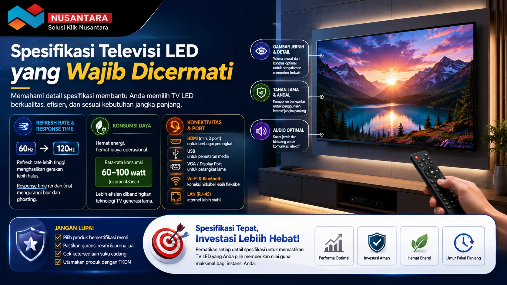 Banner spesifikasi televisi LED yang menampilkan fitur penting seperti refresh rate, konsumsi daya, konektivitas, dan kualitas tampilan untuk membantu memilih TV yang sesuai kebutuhan.
