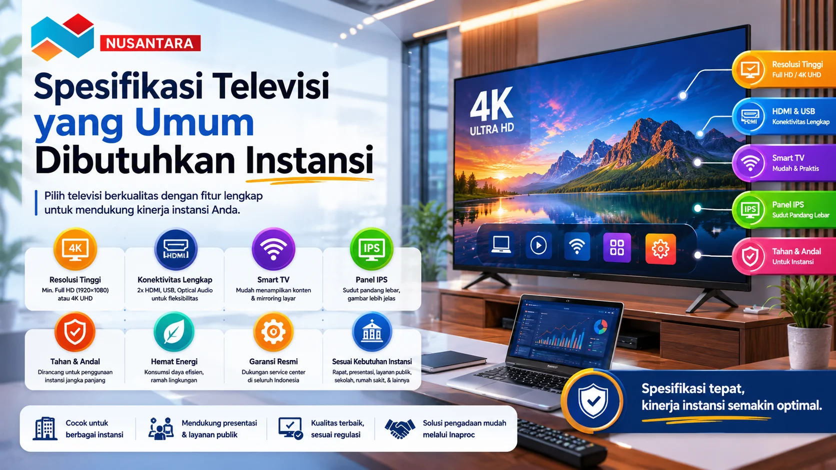 Banner spesifikasi televisi untuk instansi yang menampilkan TV layar besar dengan fitur 4K, Smart TV, konektivitas lengkap, panel IPS, dan efisiensi energi untuk kebutuhan presentasi serta layanan publik.