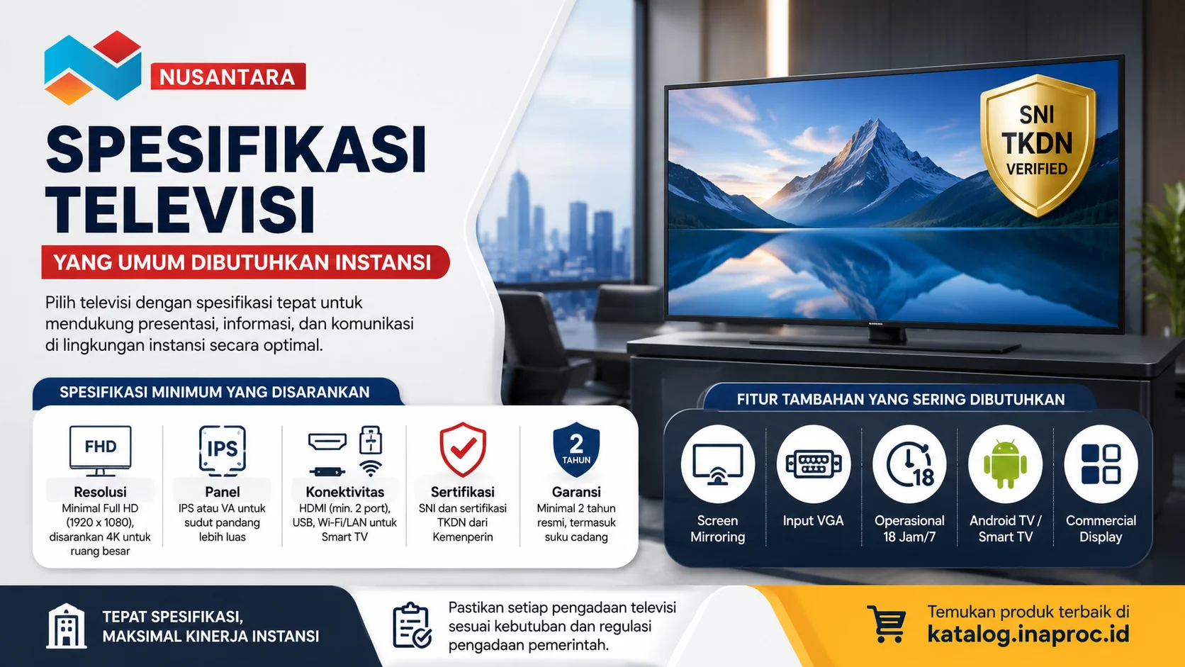 Banner spesifikasi televisi untuk instansi yang menampilkan Smart TV di ruang rapat modern, lengkap dengan ikon resolusi, konektivitas, sertifikasi TKDN, dan garansi resmi.