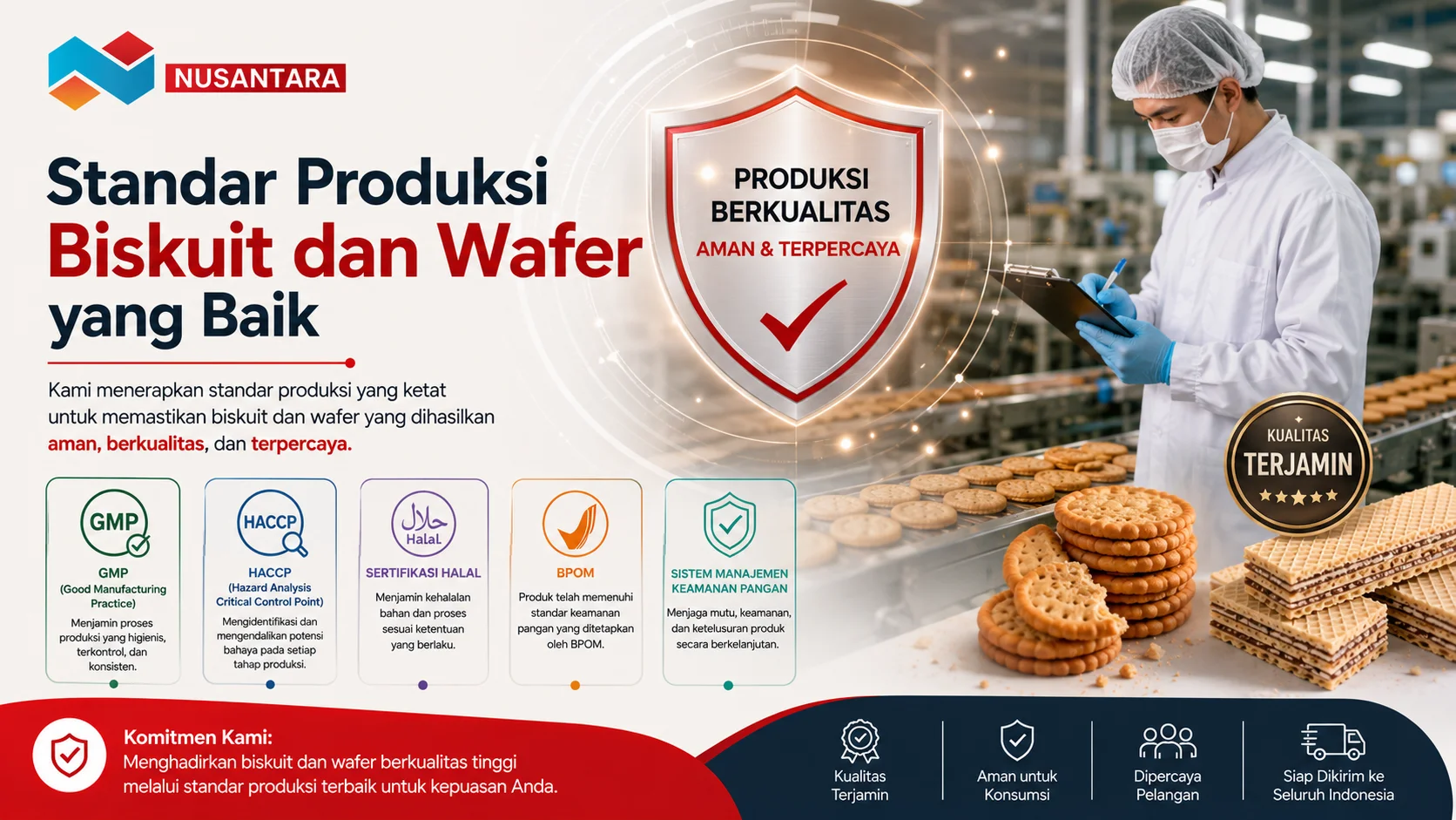 Ilustrasi penerapan standar produksi biskuit dan wafer sesuai GMP, HACCP, BPOM, dan sertifikasi halal untuk menjaga kualitas serta keamanan pangan.
