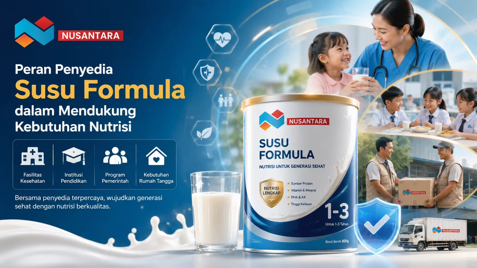 Ilustrasi penyedia susu formula yang mendukung kebutuhan nutrisi melalui distribusi berkualitas untuk fasilitas kesehatan, institusi pendidikan, program pemerintah, dan keluarga.