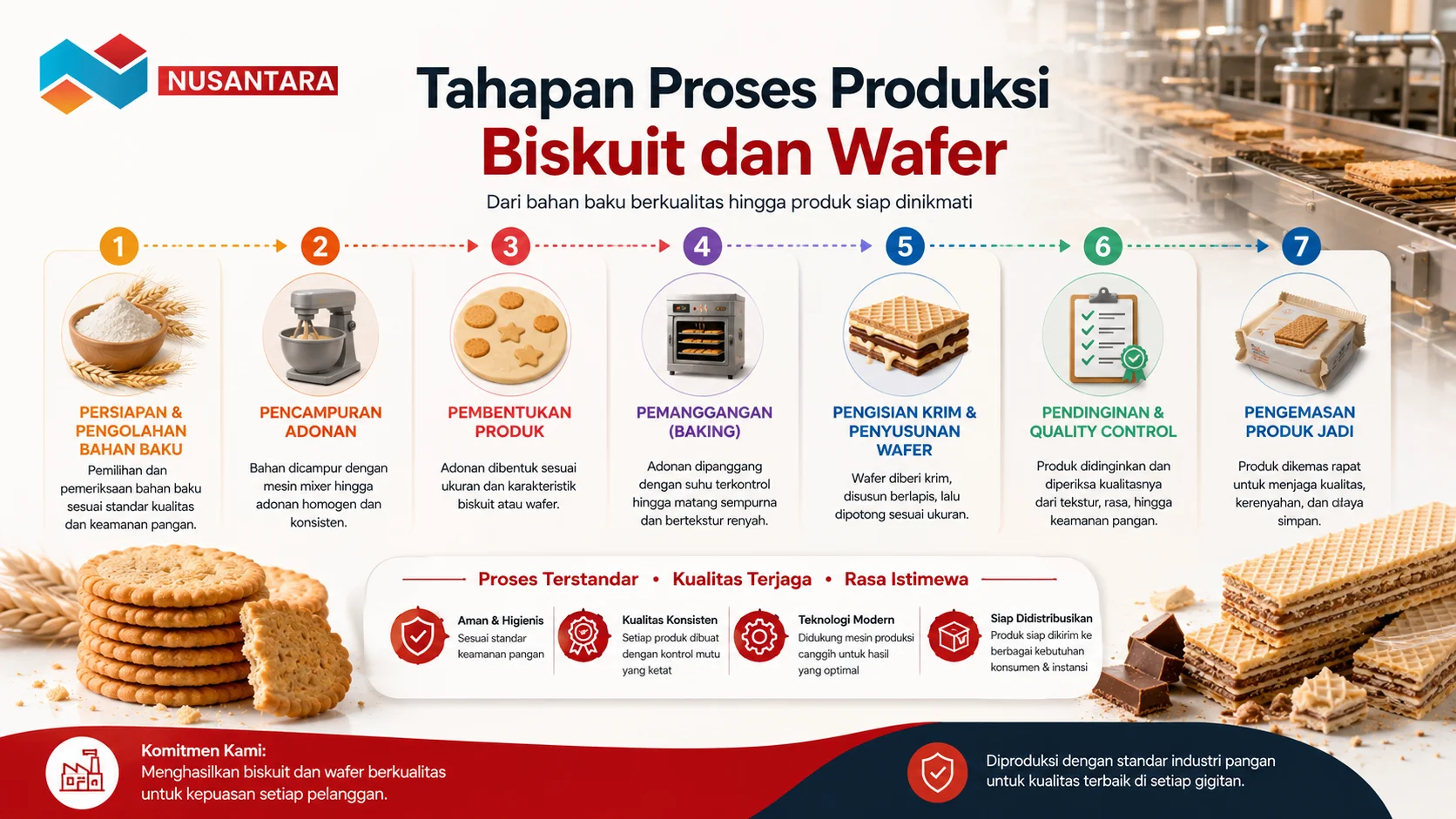 Ilustrasi tahapan proses produksi biskuit dan wafer mulai dari pengolahan bahan baku, pencampuran adonan, pemanggangan, hingga pengemasan produk.