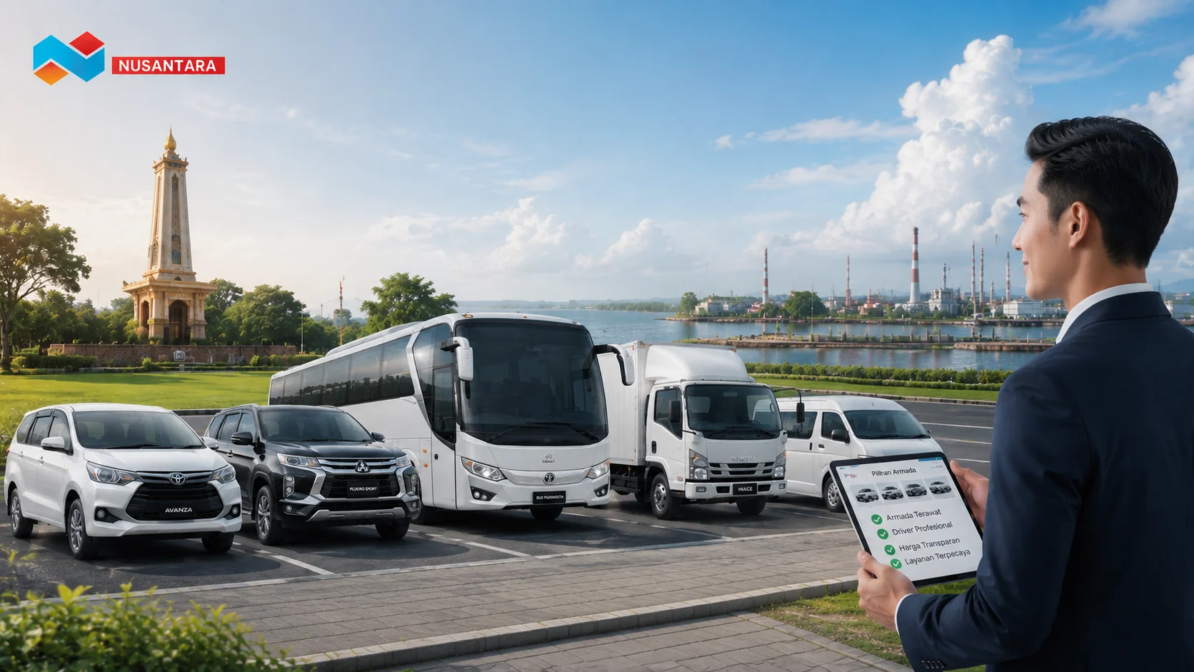 Ilustrasi pemilihan jasa sewa transportasi dengan armada kendaraan yang beragam dan profesional yang sedang mengevaluasi layanan untuk memastikan pilihan transportasi yang tepat dan terpercaya.