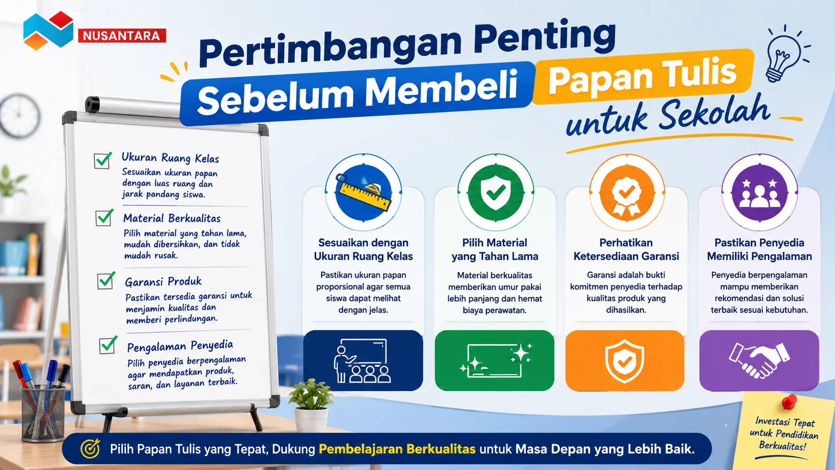 Banner edukatif yang menampilkan panduan memilih papan tulis sekolah dengan mempertimbangkan ukuran ruang kelas, kualitas material, garansi, dan pengalaman penyedia untuk mendukung proses belajar mengajar.