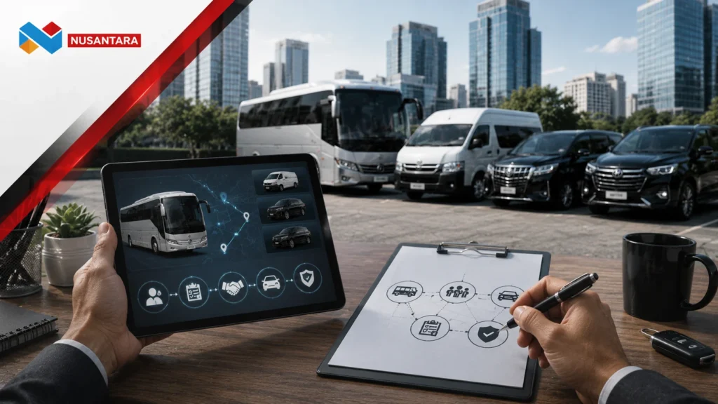 Pengadaan jasa sewa transportasi digital dengan armada lengkap, dashboard manajemen, dan proses pemesanan profesional.